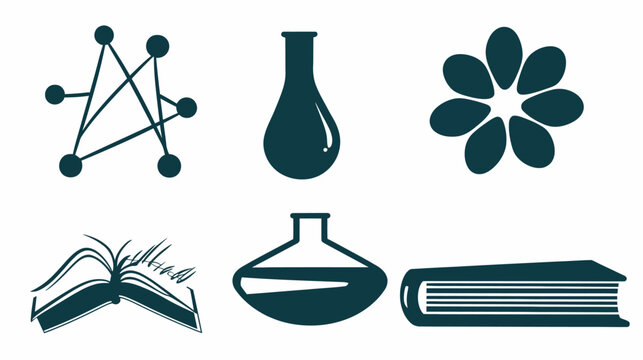 Collection of stylized, simple illustrations including science, learning, and organic forms