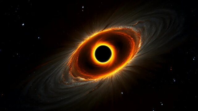 Light is distorted by extreme gravity, creating a dramatic circular visual effect. Surrounding the main disk are thin clouds of gas and cosmic dust that form a gray spiral.