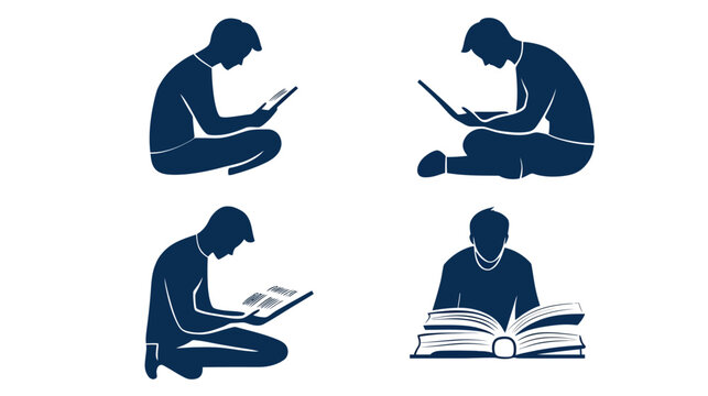 Silhouettes showing people reading books and using tablets, emphasizing technology and learning