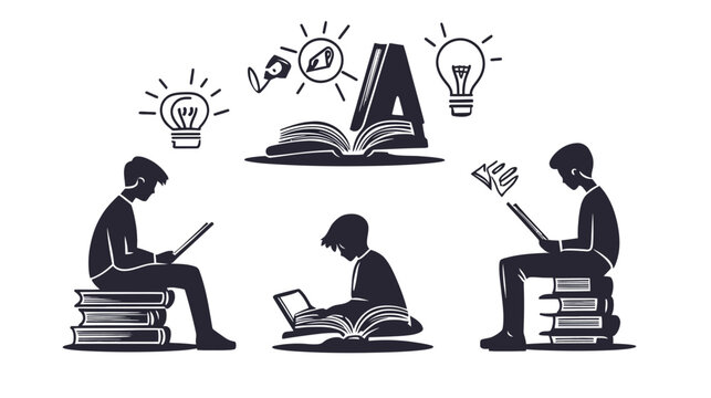 Stylized monochrome illustration of three figures reading with books and devices, surrounded by lightbulbs and book icons
