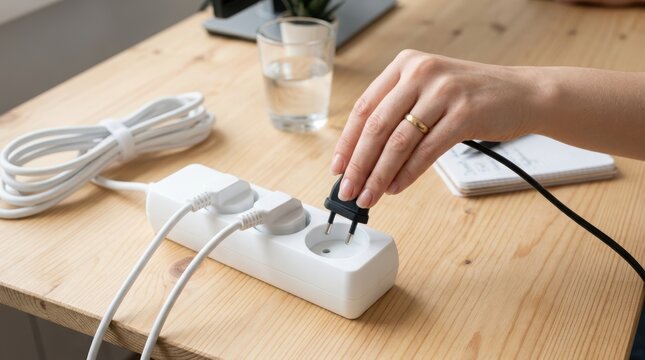 Hand plugging power cord into extension cord on wooden desk.