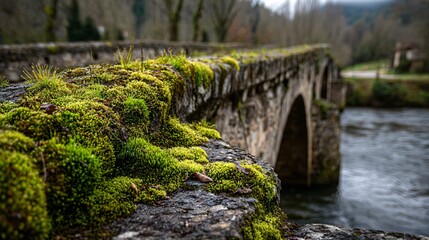Fototapeta premium Ancient stone bridge adorned with vibrant green moss, gracefully spanning a tranquil river under a soft, diffused light, evoking a sense of timeless serenity.