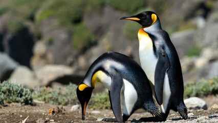 Fototapeta premium King penguins foraging and standing among coastal rocks and plants