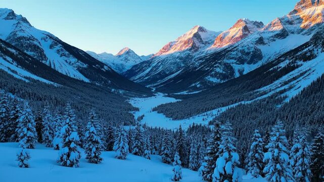 Stunning winter mountain landscape with snow covered trees and peaks illuminated by golden sunset light