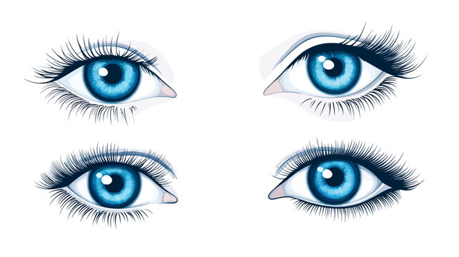 Digitally created illustration of four blue eyes with long eyelashes and white background