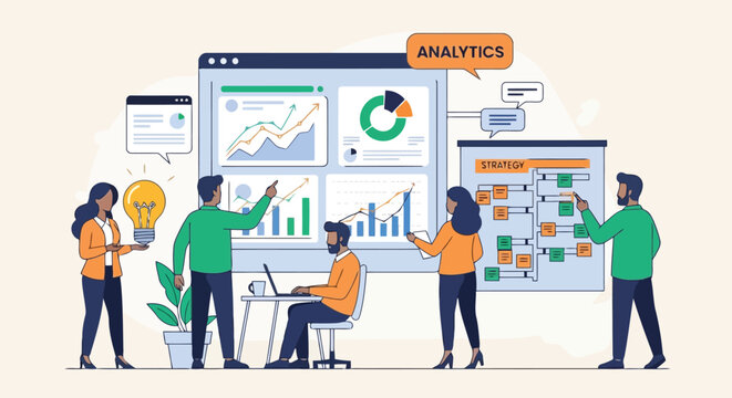 Illustration of business analytics team collaborating on data visualization and strategy planning with charts and graphs on a large screen