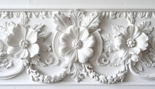 Ornate plaster relief floral scrollwork symmetrical classical design