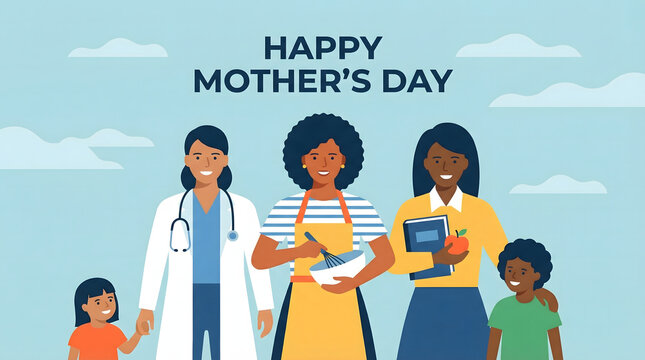 Group of hardworking mothers from different professions holding kids for Happy Mother's Day in Minimalist Flat style