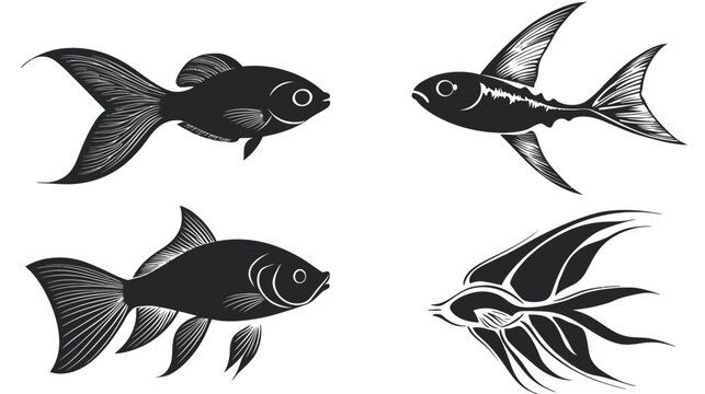 Four stylized black fish illustrations against a clean white background, each with different fin designs