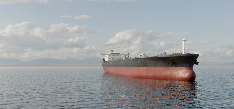 Oil tanker waiting at sea during global supply crisis, rising oil prices and geopolitical tension concept
