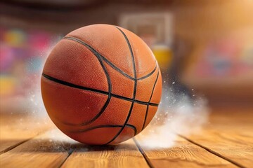Obraz premium Bouncing Basketball on Wooden Court with Dust Particles Rising in Light