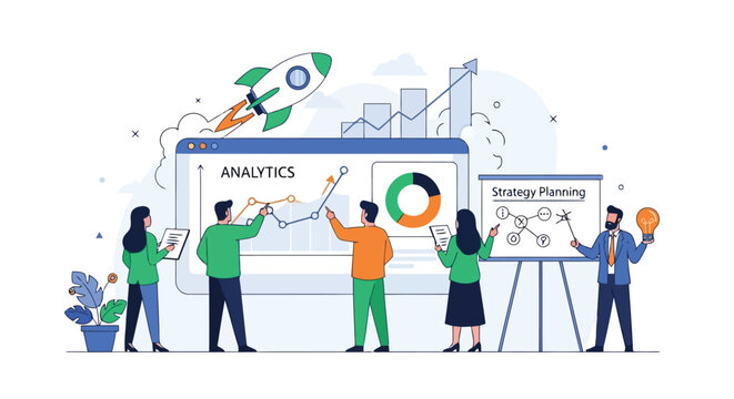 Illustration of business analytics and strategy planning with a team collaborating around charts, graphs, and a rocket ship launching, isolated on