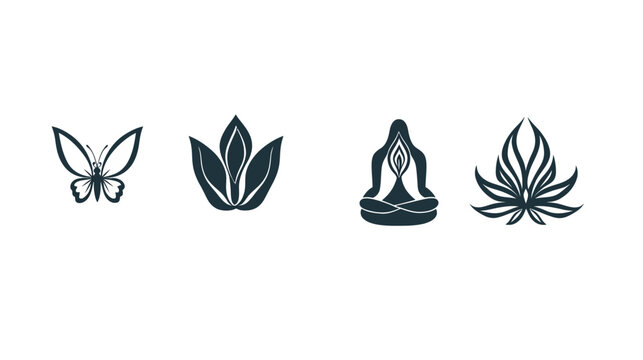 Four dark silhouettes on a white background a butterfly, plant, meditating figure, and abstract leaf