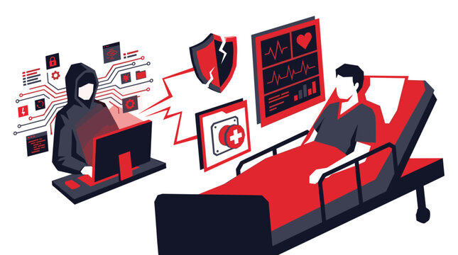A malevolent hooded hacker maliciously compromises a patient's sensitive medical data from a laptop, illustrated by a broken security shield and erratic vitals.