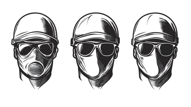 Three head illustrations, each with varying levels of face covering. Black and white, artistic style