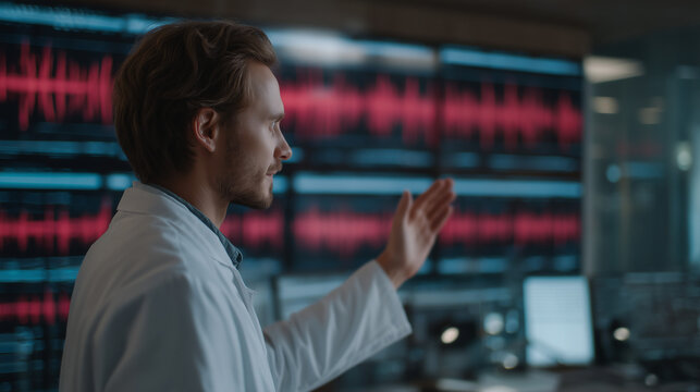 Technician in a lab coat reviewing audio spectrograms on a wall of monitors, red flags appearing over synthetic voice segments, highlighting AI voice cloning ethics concerns, ideal for forensic audi