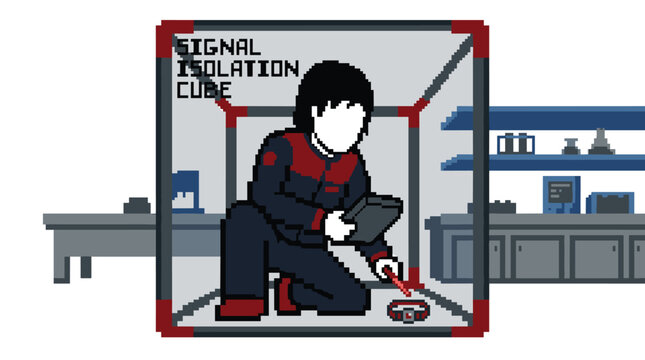 A pixelated scientist in a dark jumpsuit meticulously examines a glowing red device inside a labeled signal isolation cube within a sterile laboratory environment.