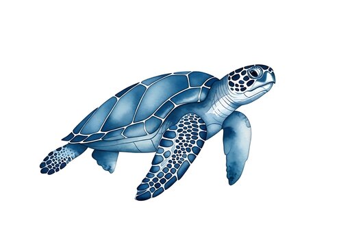 A sea turtle swims through clear ocean waters with a vibrant blue shell