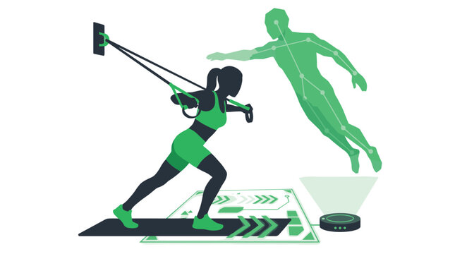 A determined woman in vibrant green athletic wear engages in a futuristic TRX suspension workout guided by a luminous holographic personal trainer on a digital mat.