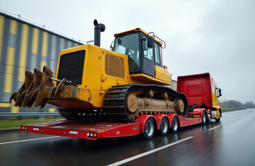 Obraz premium Heavy yellow bulldozer transported on red flatbed truck trailer. Large construction machine moves along wet asphalt road, indicating logistics, hauling. Truck with special trailer carries heavy