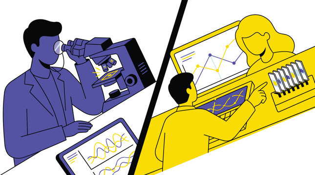 A split-screen graphic depicts two distinct scientific processes: a researcher meticulously using a microscope and a team analyzing complex data on computer screens.