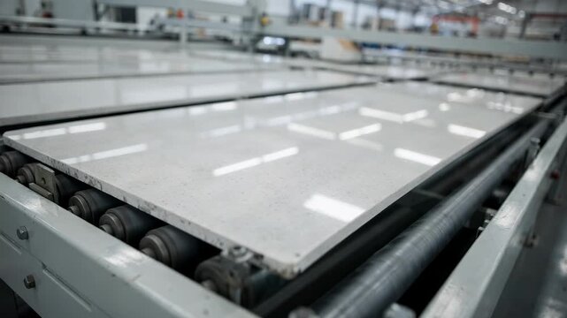 Medium shot of polished engineered stone slabs moving on a conveyor belt displaying smooth glossy surfaces with reflective shine in a modern manufacturing facility.