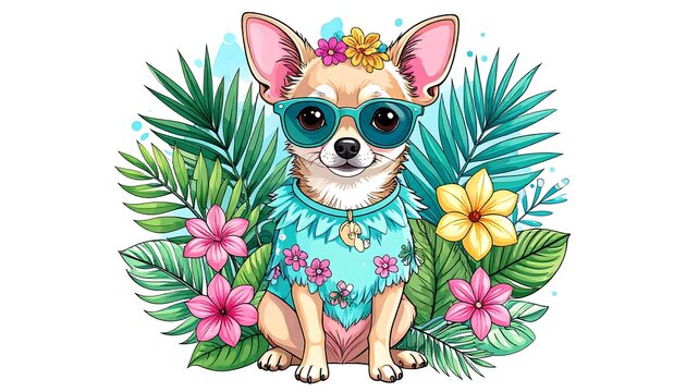 Adorable chihuahua wearing sunglasses & Hawaiian shirt, surrounded by flowers