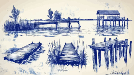 Fototapeta premium Blue ink illustration on cream background depicts various wooden piers, docks, with water and plant details