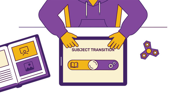 A student wearing a purple hoodie uses a digital tablet displaying a 'Subject Transition' interface, with an open book and a fidget spinner on the white desk.
