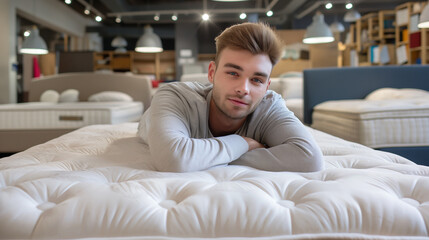Obraz premium Young man lying on mattress in modern furniture store 