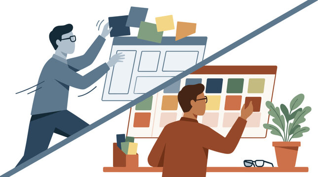 A split-screen illustration contrasts a frantic designer arranging wireframe layouts with a calm designer meticulously choosing colors from a palette at an organized desk.