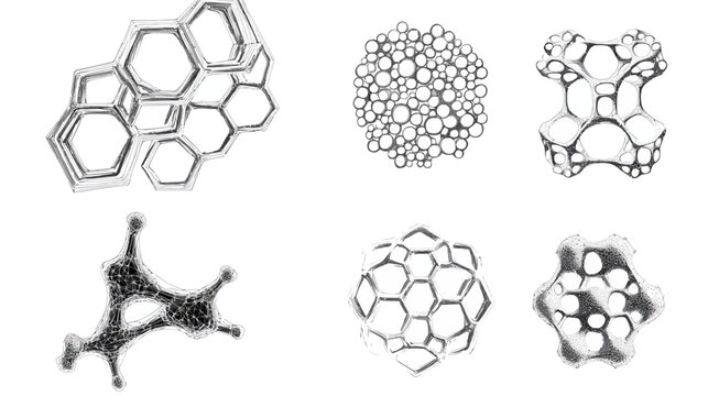 Six abstract illustrations showing different geometric structures honeycomb, bubbles, and organic shapes