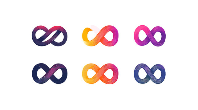 Six colorful, abstract infinity symbols with a brushstroke effect on a white background
