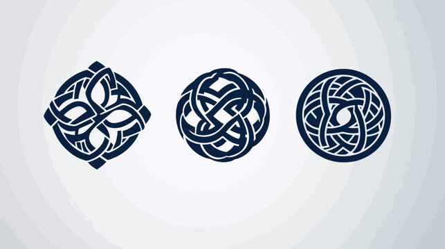 Three stylized, symmetrical knotwork designs in dark blue, arranged on a light gray gradient