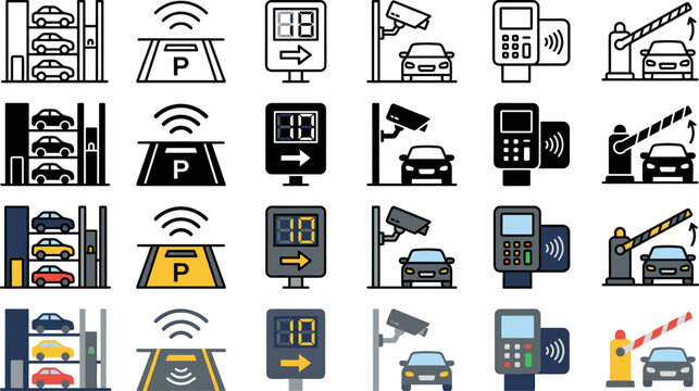 Parking System Icons in Four Styles Illustrating Smart Technology Solutions