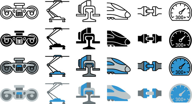 Railway Transport Vehicle and Safety Icons Presented in Four Distinct Styles