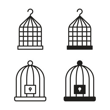 Bird cage icon collection in black color. Stroke Lines and flat silhouette style icons
