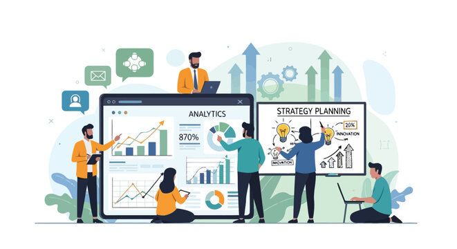 Illustration of business team collaborating on strategy planning and data analytics, presenting charts and graphs on a large monitor and whiteboard, isolated on