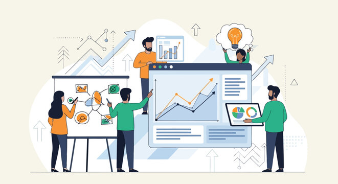 Illustration of diverse group of professionals analyzing financial data and business growth charts during a collaborative meeting