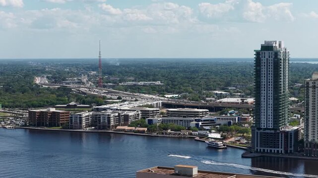 aerial footage of skyscrapers and office buildings along the St. John&rsquo;s River in Jacksonville Florida USA