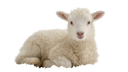 Fototapeta premium Fluffy white lamb resting peacefully, isolated on transparent background