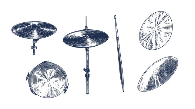 Hand-drawn monochrome illustration of a drum set featuring cymbals and a drumstick