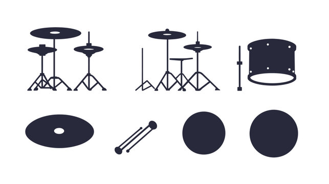Silhouetted illustration of a drum kit, including cymbals, stands, drumsticks, and drums