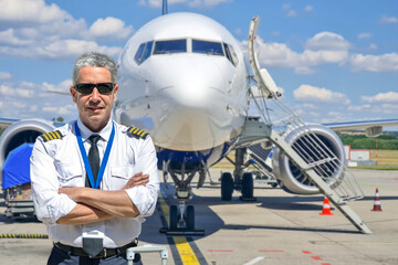 Confident airline pilot with arms crossed and commercial airplane at airport © Rafa Jodar