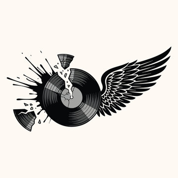 Broken Winged Vinyl Record Ink Splash Vector T-Shirt Design Illustration