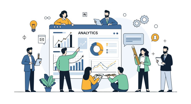 Illustration of diverse group of professionals analyzing financial data and business strategy using charts and graphs on a large screen