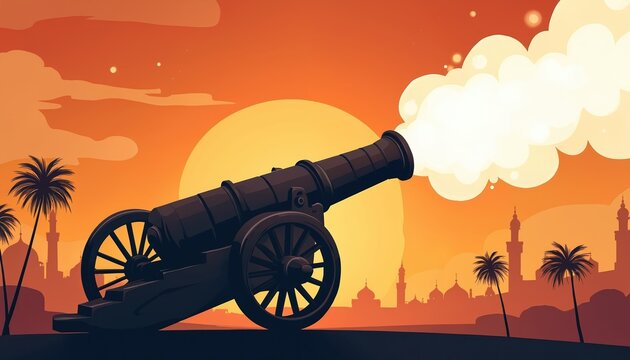Antique cannon fires smoke against sunset sky over silhouetted mosque skyline. Palm trees frame desert city at dusk. Ramadan tradition signaled.