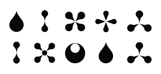 Fototapeta premium Liquid droplet molecular icon set, abstract vector symbols combining fluid drop shapes and molecular structures for science, chemistry, biotech, and modern technology design concepts