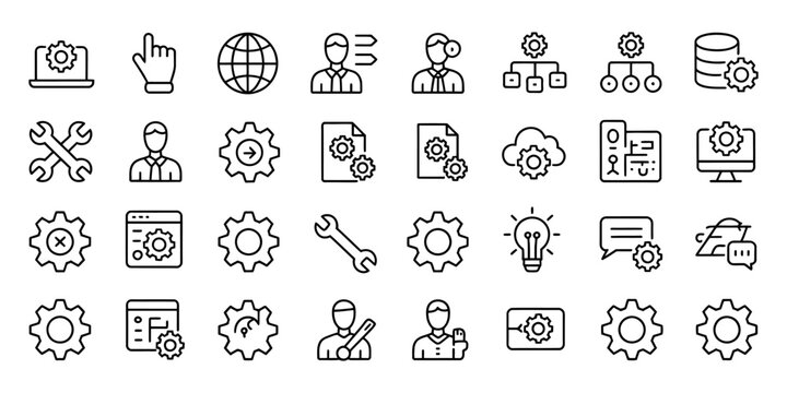 Technical support and settings line icon set, 32 web development and system configuration vector icons, software engineering and maintenance symbols