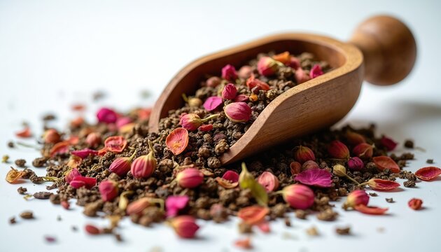 Loose tea blend with dried rose petals and buds in wooden scoop. Aromatic herbal mix for healthy brewing. Organic ingredients for wellness drink.